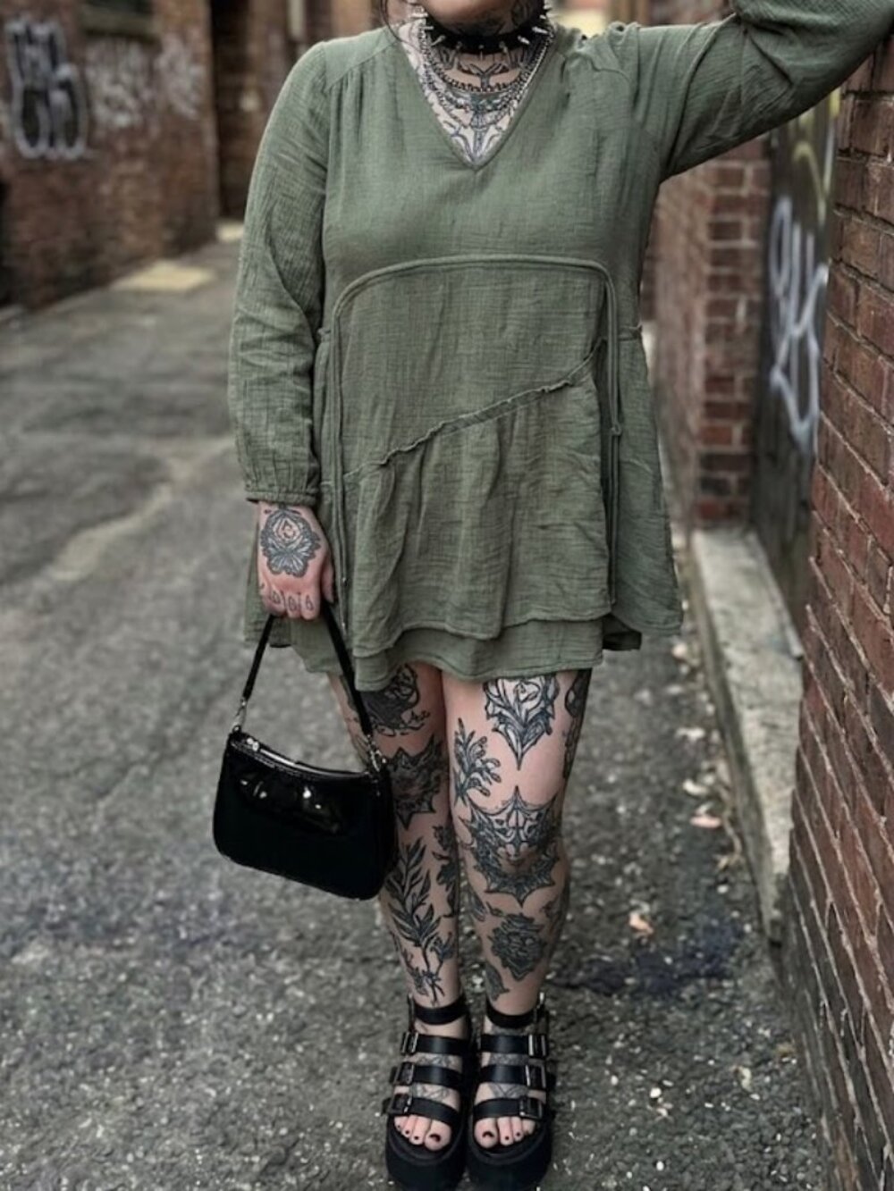 Entro Crinkle Gauze Tunic Dress Sage Green Boho Cottagecore Small